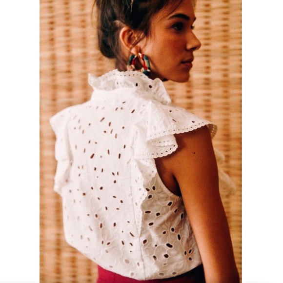 Sezane White Chiara Eyelet Ruffled Cotton Blouse Sz XS / US2 / FR34 - Picture 5 of 11